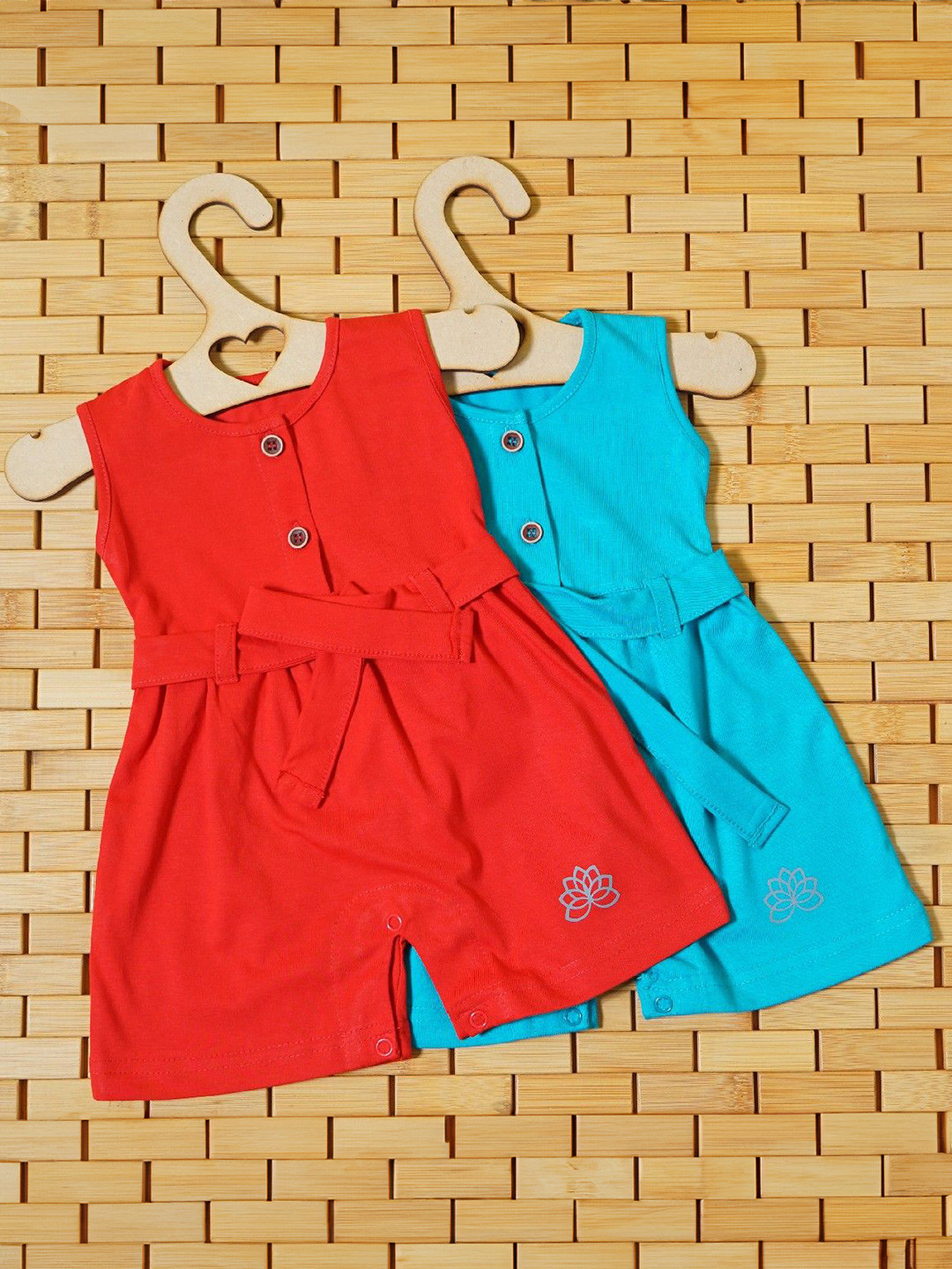 

THE MAPLES FASHION Girls Pack of 2 Hosiery Cotton Knee Length Dress With Belt, Multi