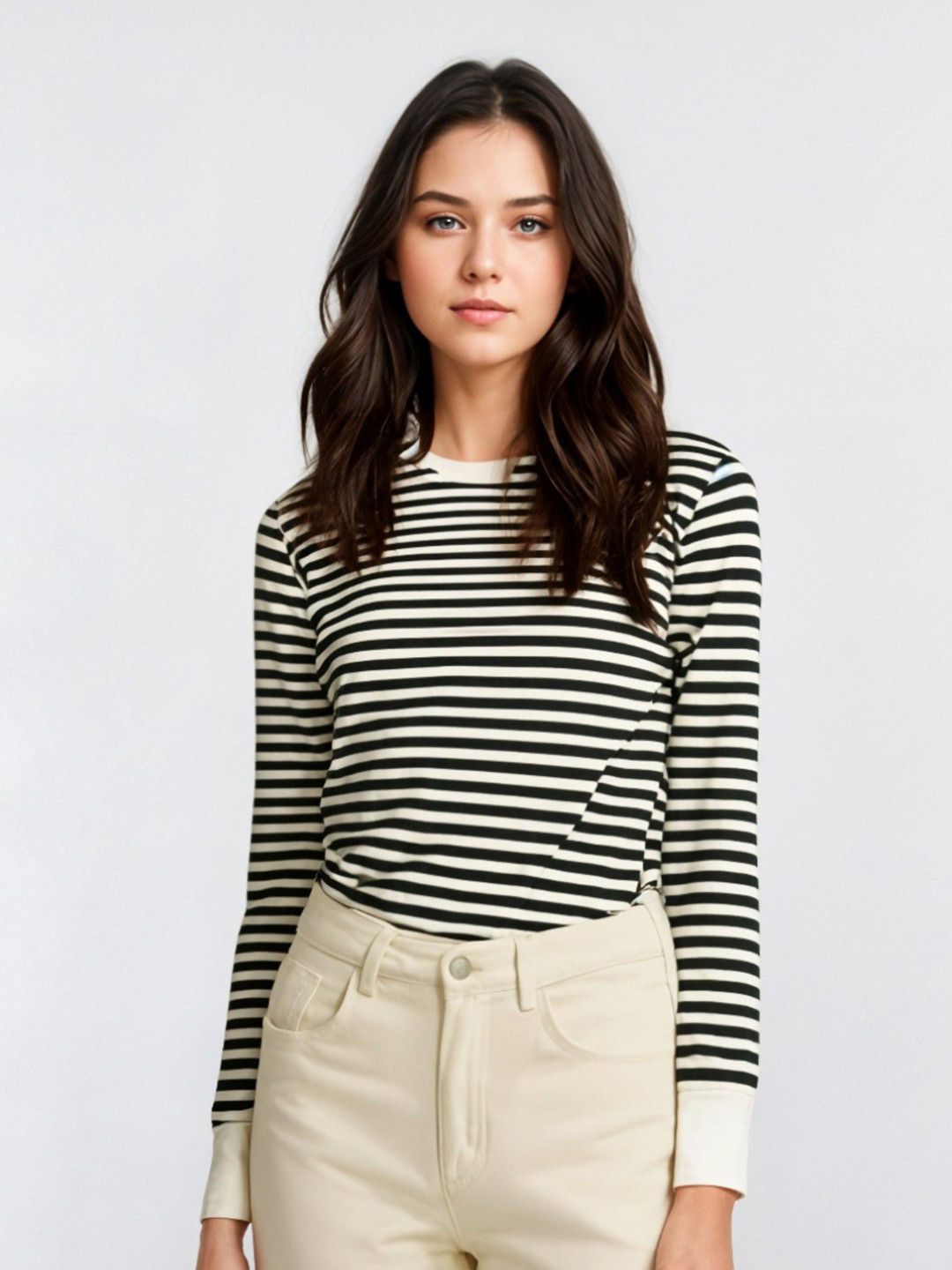 

MACK JONNEY Women Striped Round Neck Cotton T-shirt, Black