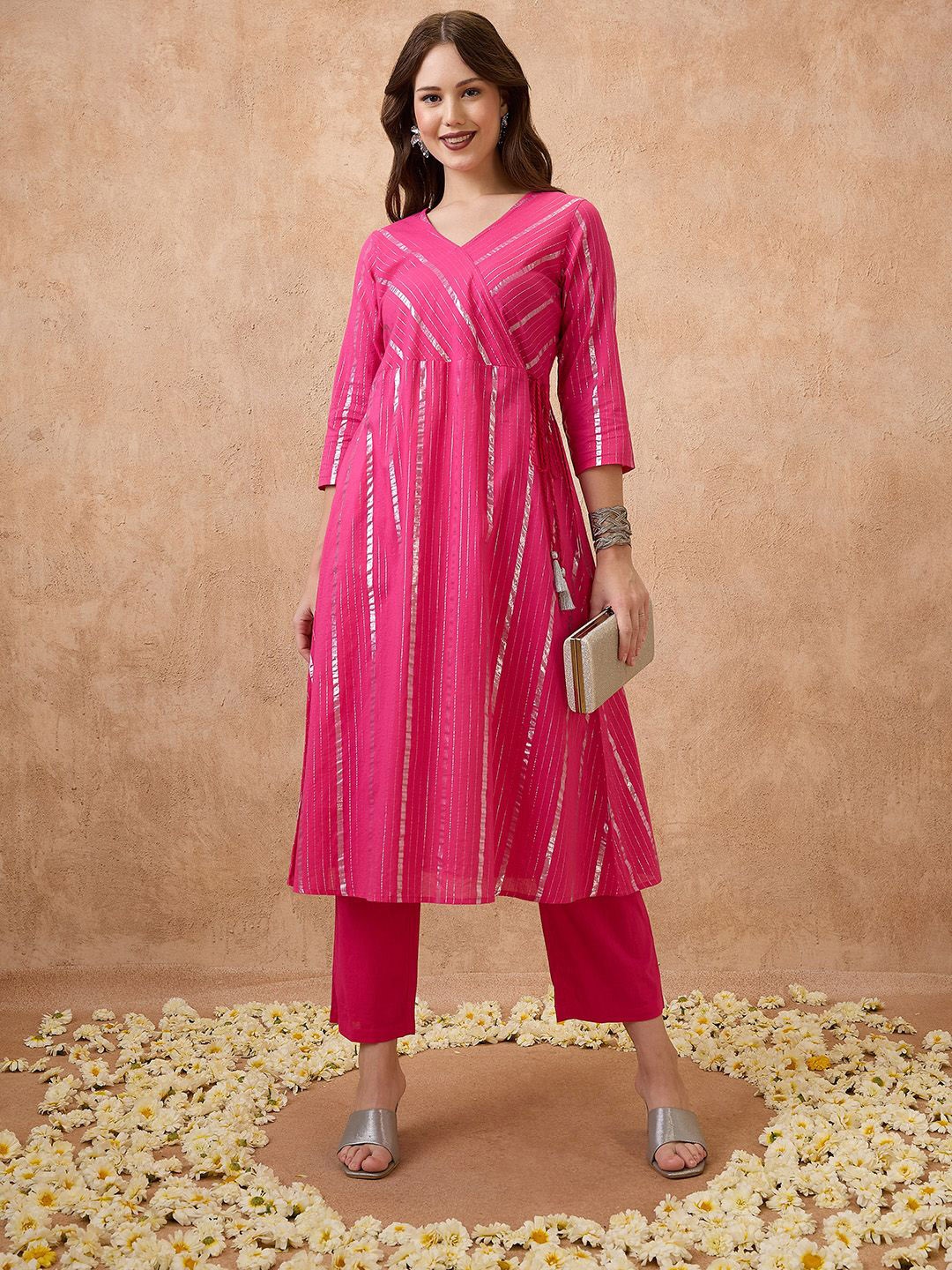 

Globus Pink Striped Angrakha A-Line Kurta with Trousers