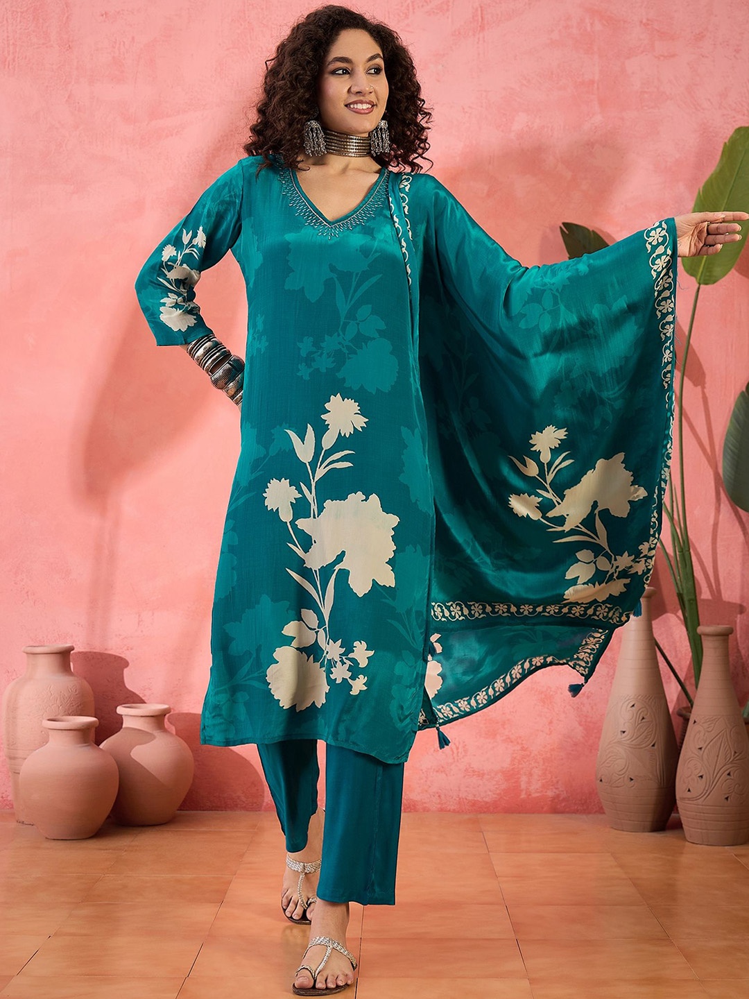 

Sangria Floral Printed V-Neck Beads and Stones Straight Kurta With Trouser And Dupatta, Teal