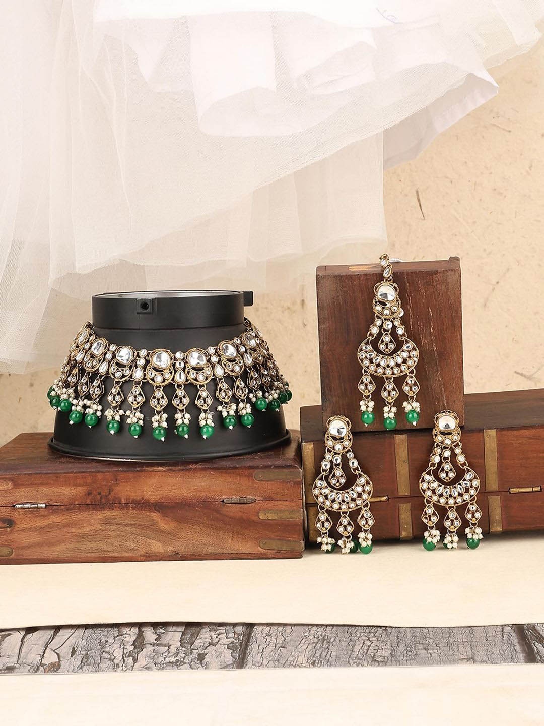 

Anouk Gold-Plated Cubic Zironia Studded Necklace And Earrings And Maang Tikka