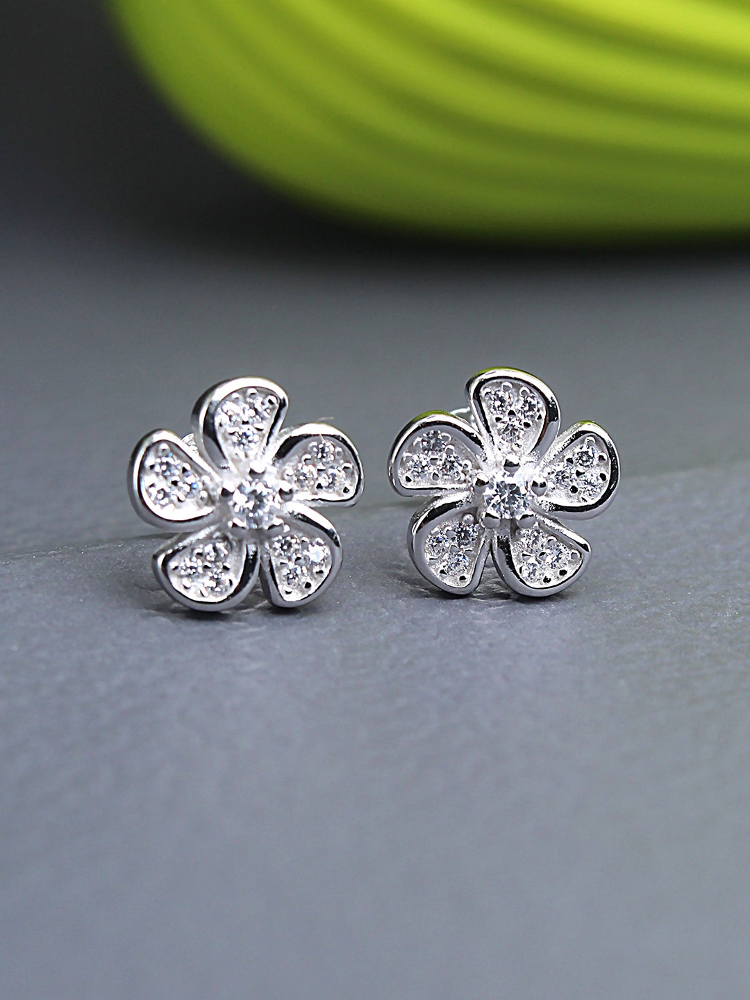 

DEVASHREE 925 Silver Rhodium-Plated Cubic Zirconia Studded Floral Shaped Studs, White