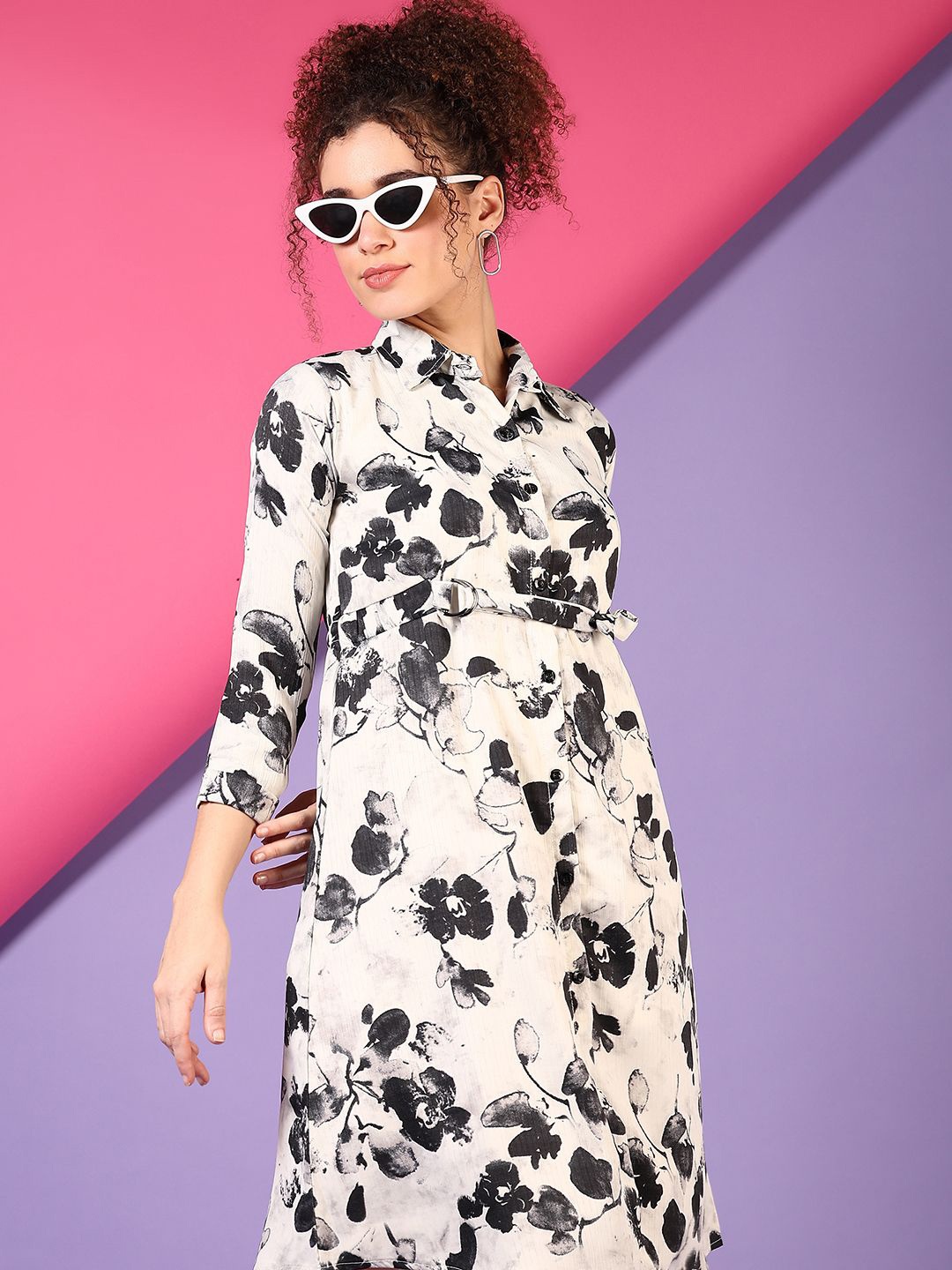 

V-Mart Floral Print Shirt Collar Belted Knee Length Shirt Dress, White