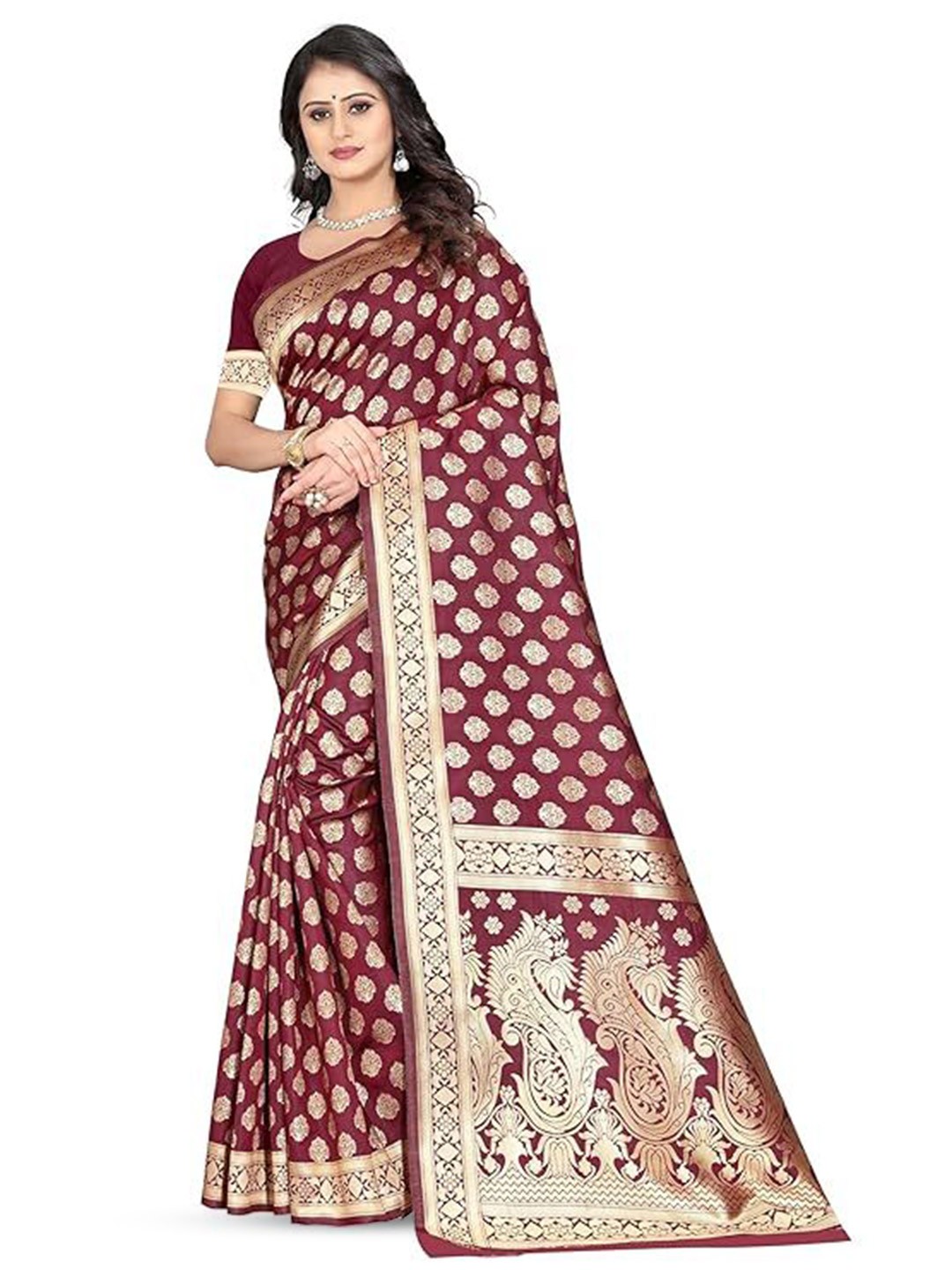 

Florence Woven Design Zari Pure Silk Kanjeevaram Saree, Maroon