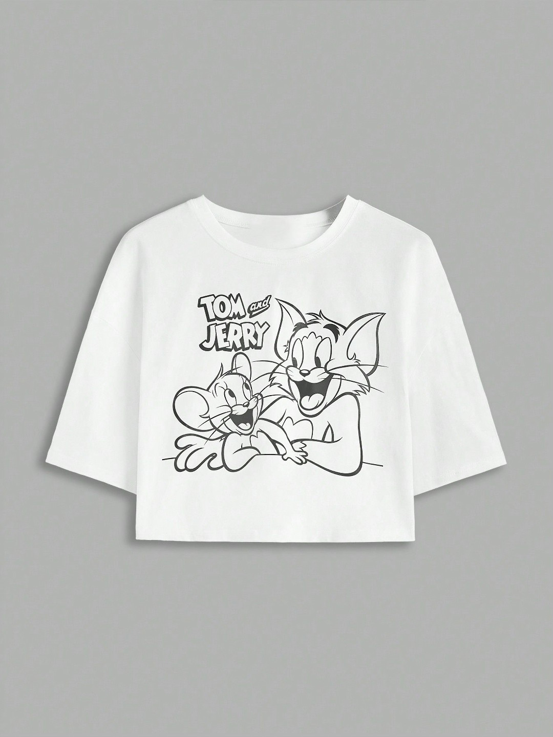 

KATECLO Women Tom & Jerry Graphic Printed Round Neck Cotton Boxy Fit T-shirt, White
