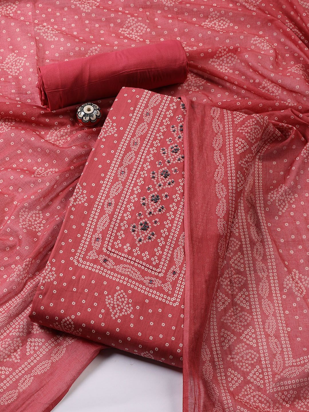 

Meena Bazaar Bandhani Printed Mirror Work Unstitched Dress Material, Pink