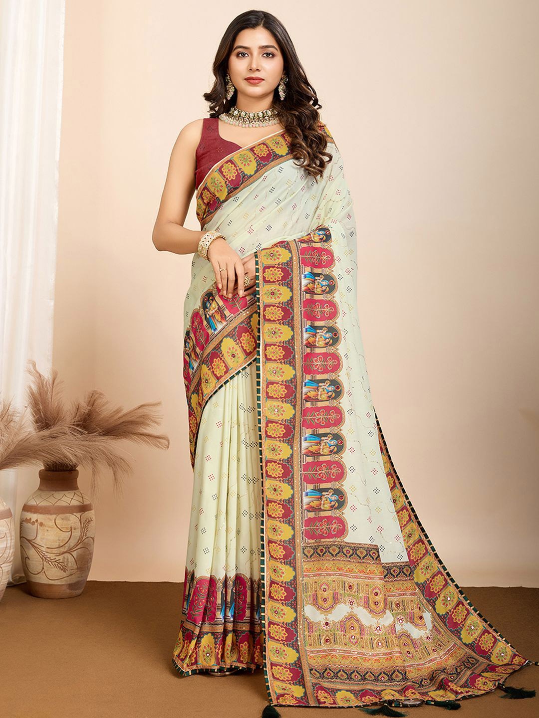 

Satrani Embellished Sequinned Designer Saree, Off white