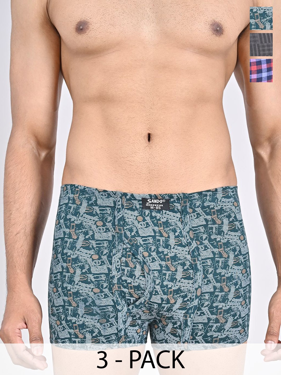 

SANDO Pack Of 3 Printed Cotton Trunks GENIUS-01-02-03, Blue
