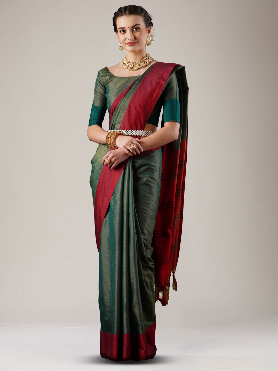 

Mitera Silk Cotton Designer Saree, Green