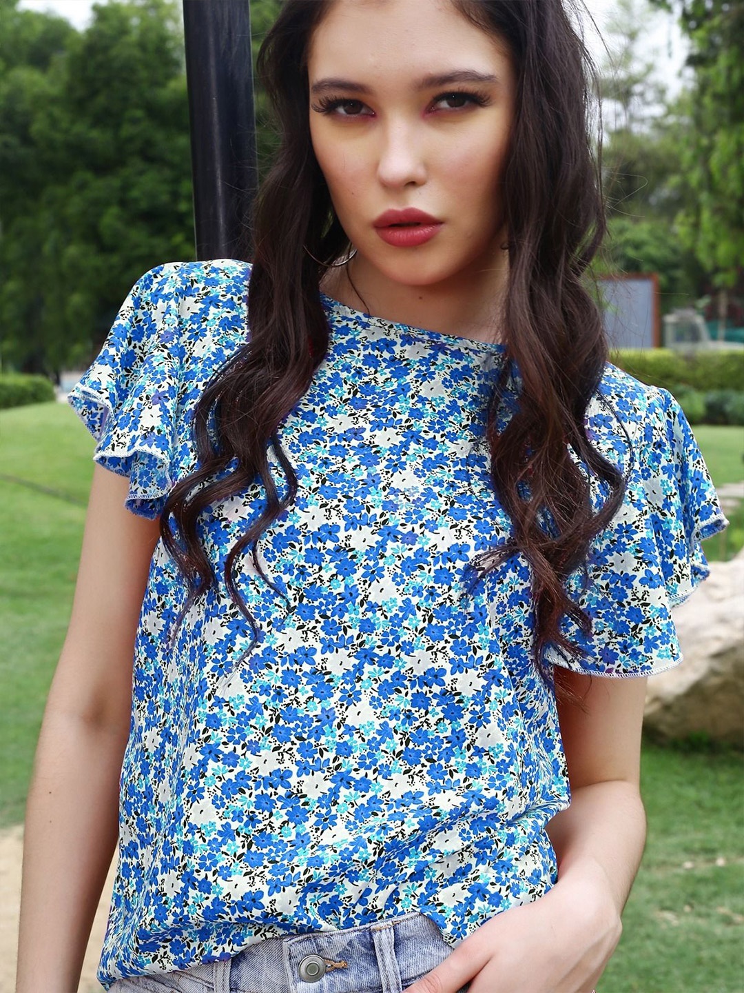 

Sera Floral Print Flared Sleeve Crepe Top, Blue