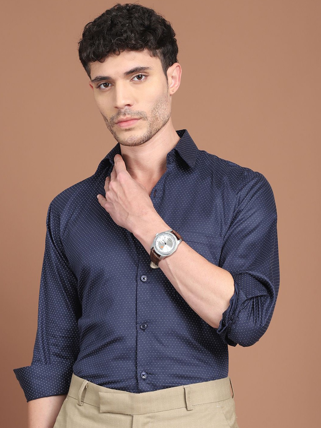 

Indian Needle Men Classic Polka Dot Opaque Printed Formal Shirt, Navy blue