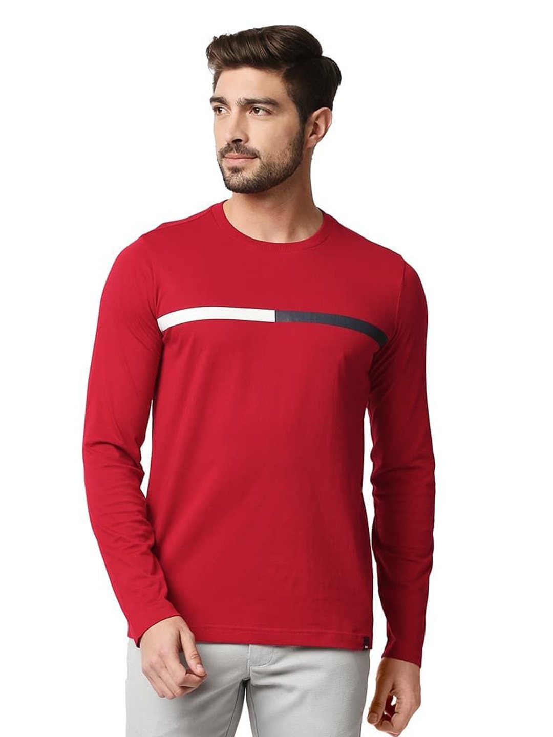 

Basics Men Striped Round Neck Cotton T-shirt, Red