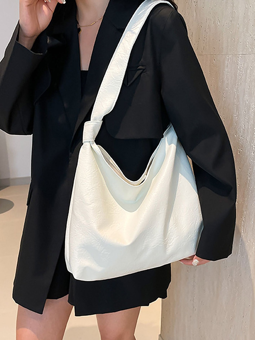 

LULU & SKY PU Bucket Hobo Bag with Bow Detail, White