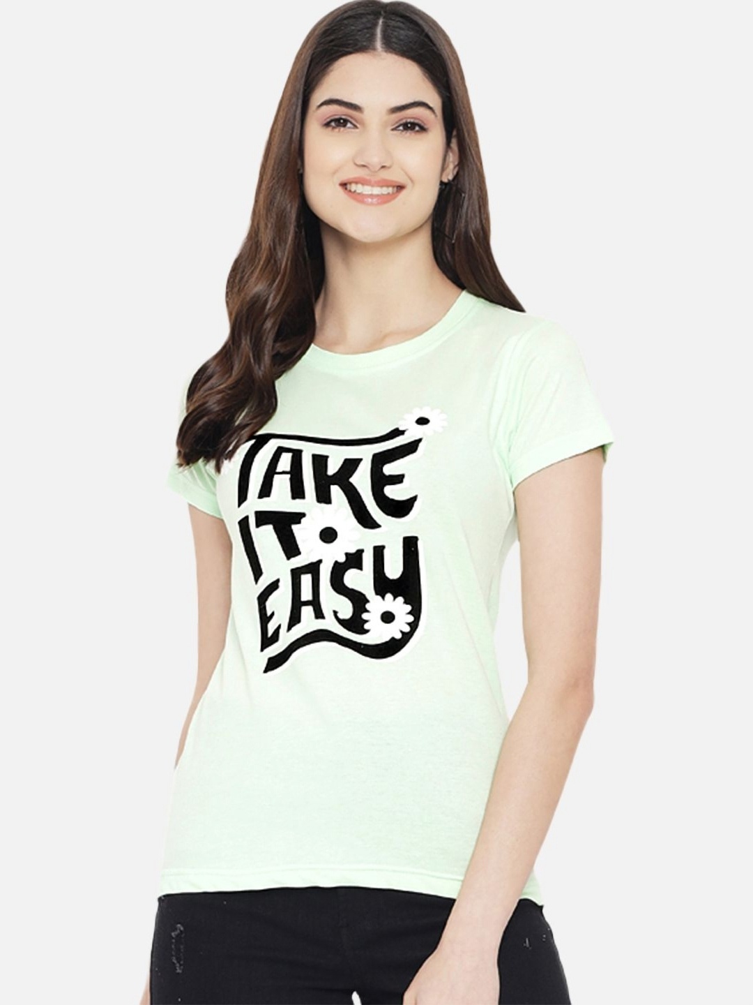 

Tromko Women Typography Printed Round Neck Regular Fit Cotton T-shirt, Green