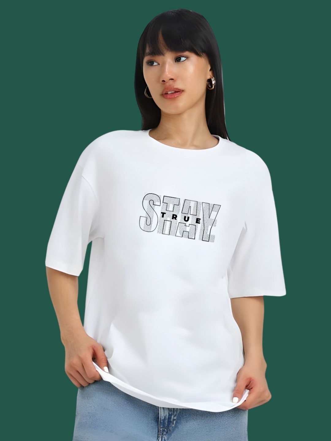 

DressBerry Women Typography Printed Round Neck Cotton Oversized T-shirt, White