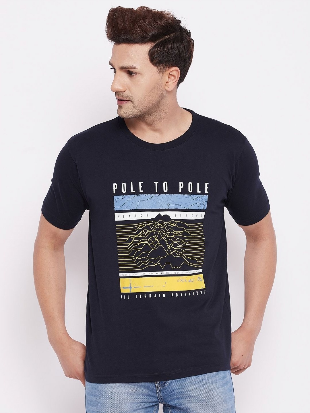 

LYCOS Men Graphic Printed Round Neck Cotton T-shirt, Navy blue