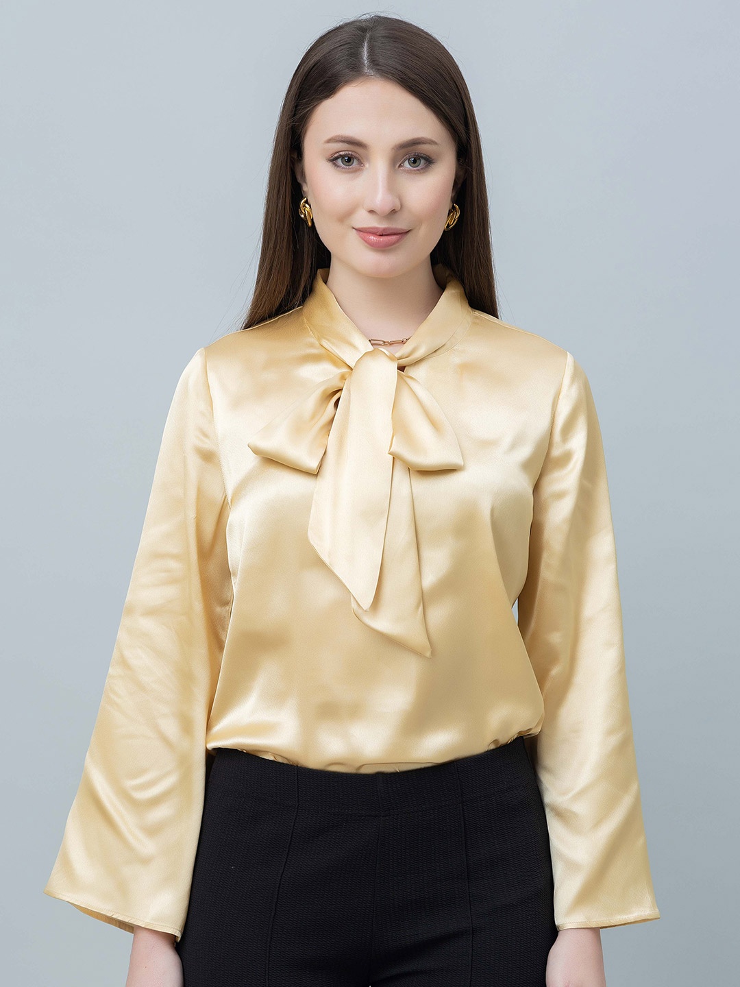 

PURYS Tie-Up Neck Flared Sleeve Satin Top, Beige