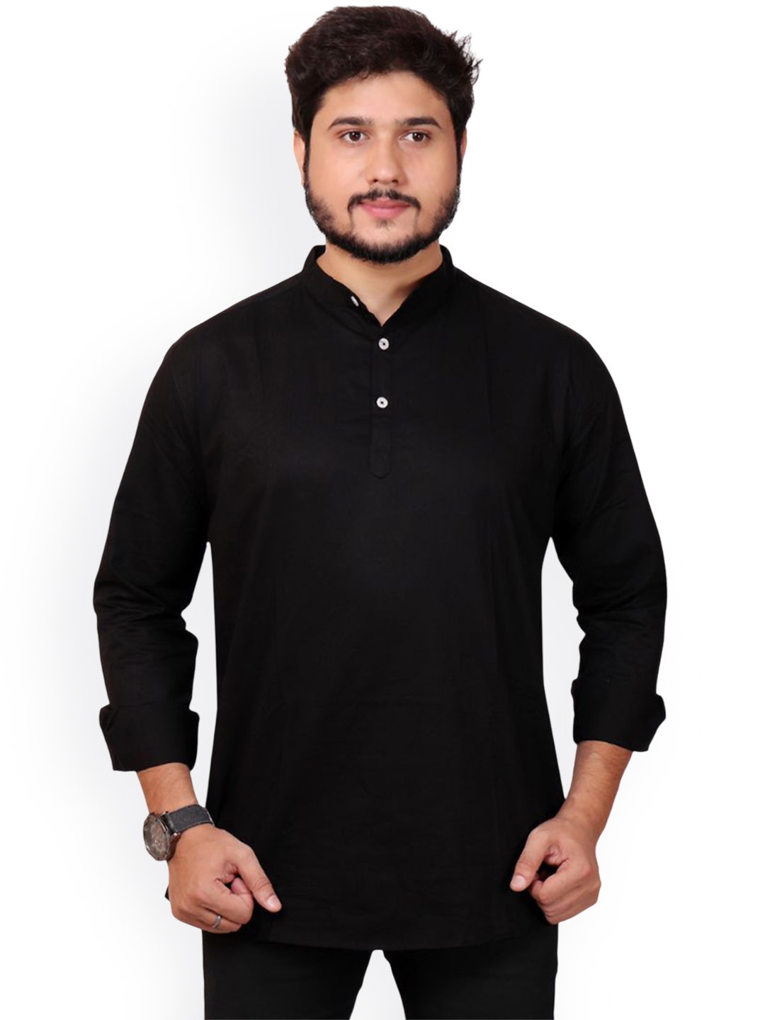 

MADE IN THE SHADE Band Collar Pure Cotton Straight Kurta, Black