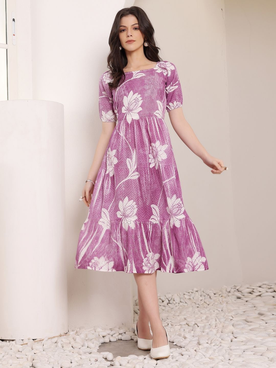

DressBerry Floral Print Puff Sleeve Fit & Flare Dress, Purple