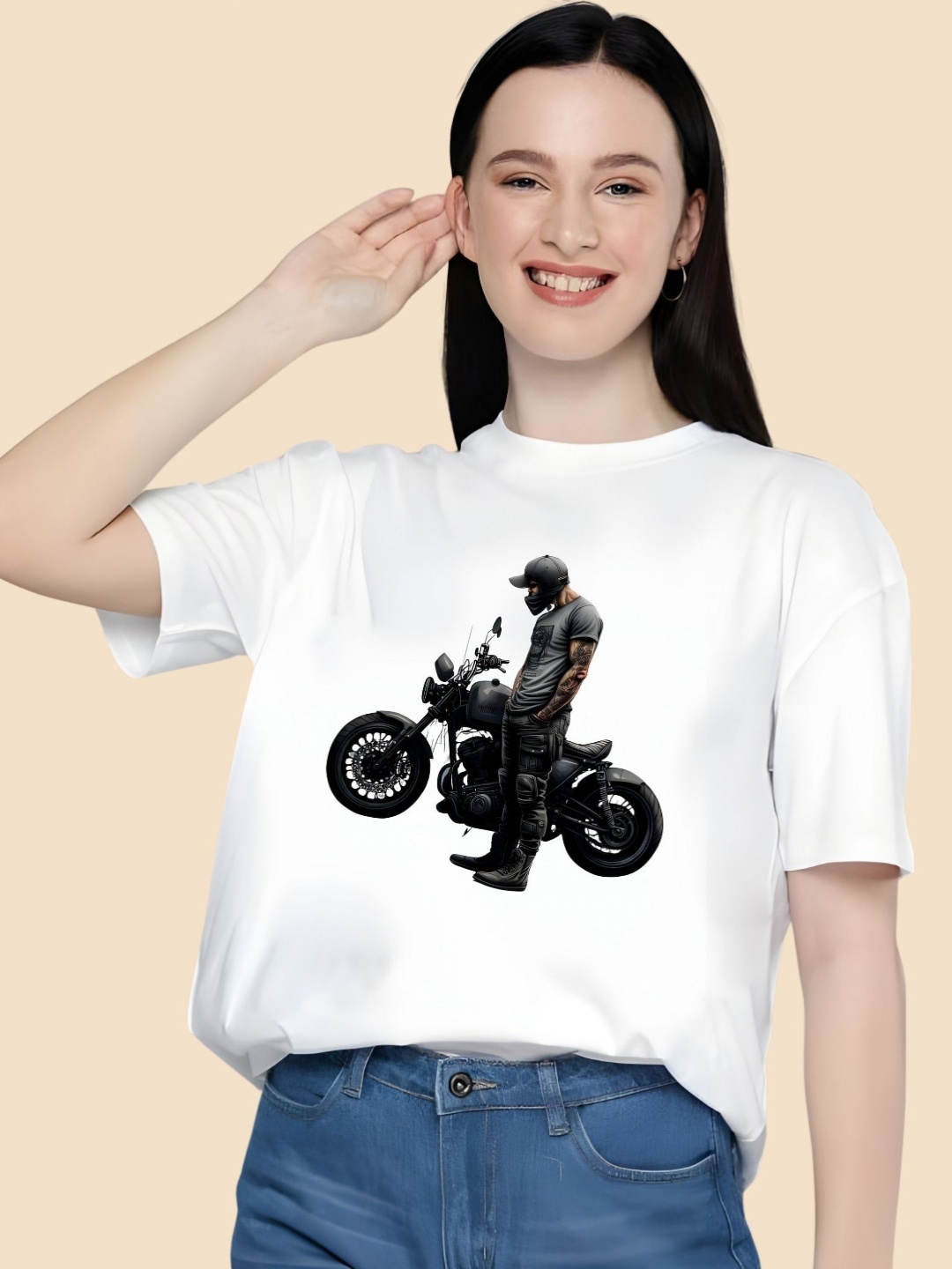 

SZN Women Graphic Printed Round Neck Cotton Oversized T-shirt, White