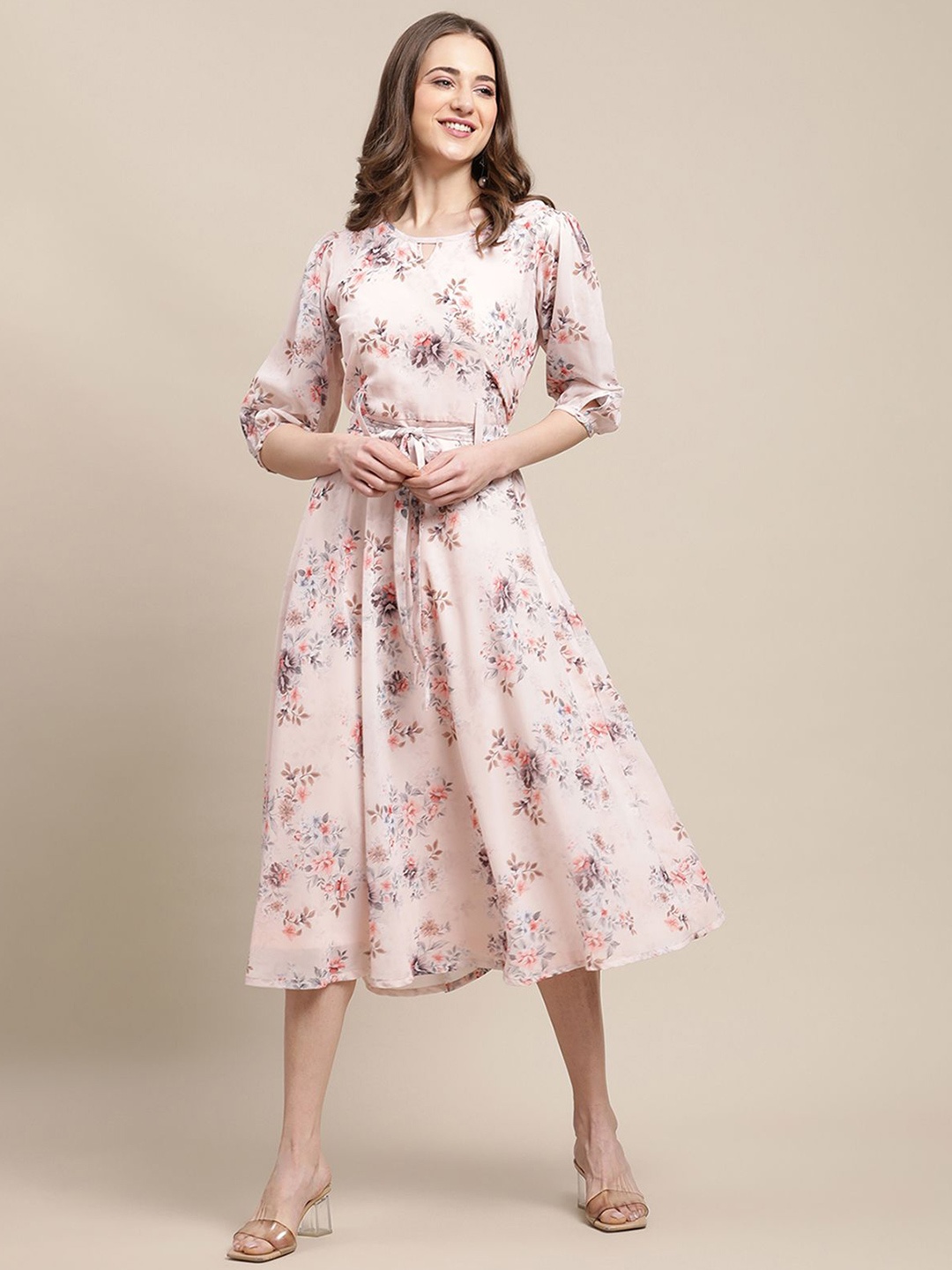 

Tromko Women Floral Printed Georgette Fit & Flare Midi Dress, Peach
