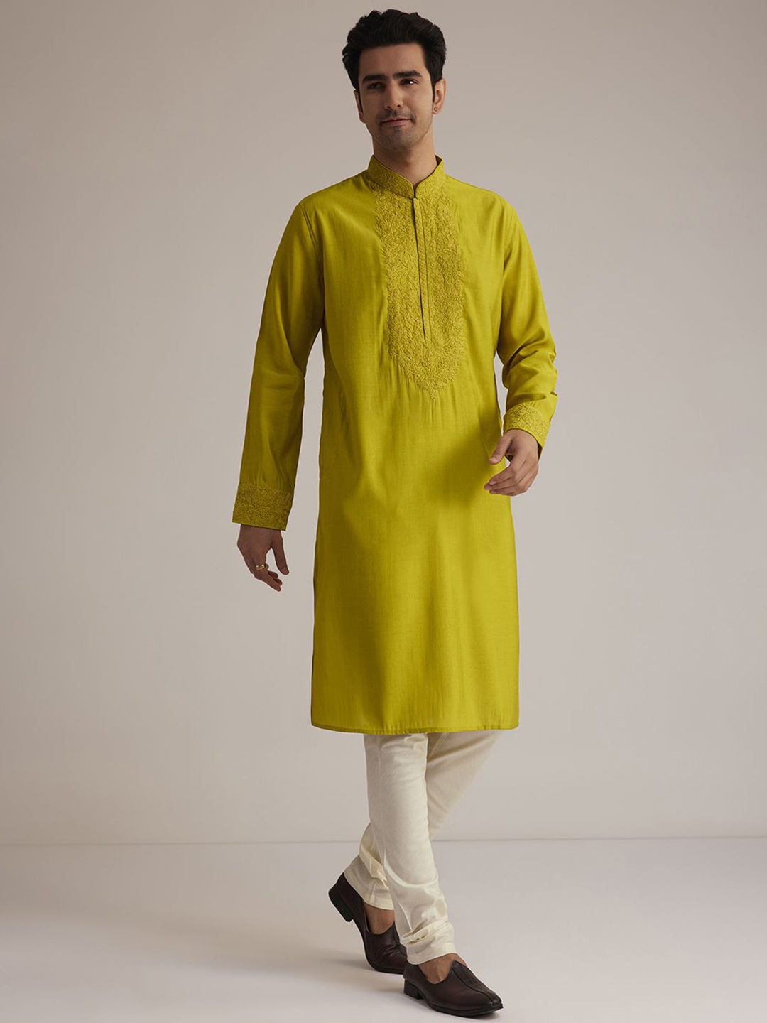 

KALKI Fashion Floral Embroidered Mandarin Collar Kurta With Trouser, Yellow