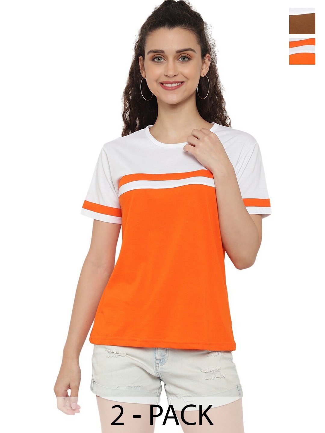 

DEEPMAYRA COLLECTION Women Pack Of 2 Colourblocked Round Neck Cotton T-shirts, Brown