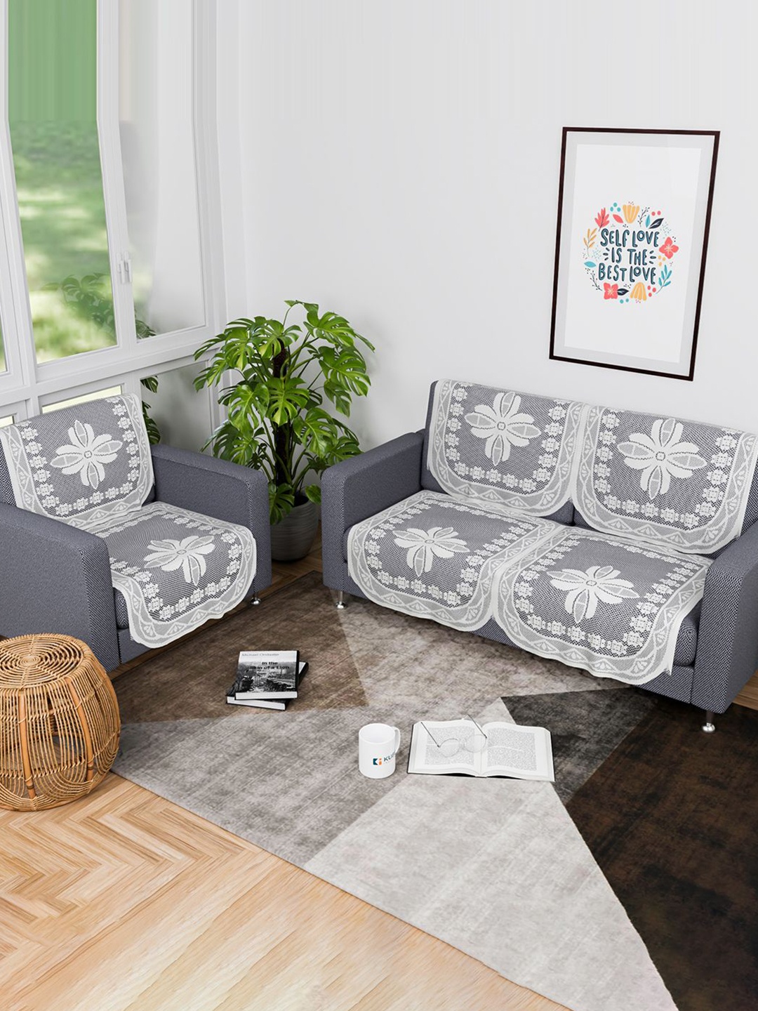 

Kuber Industries White 6 Pieces Self Design Cotton 3 Seater Sofa Covers