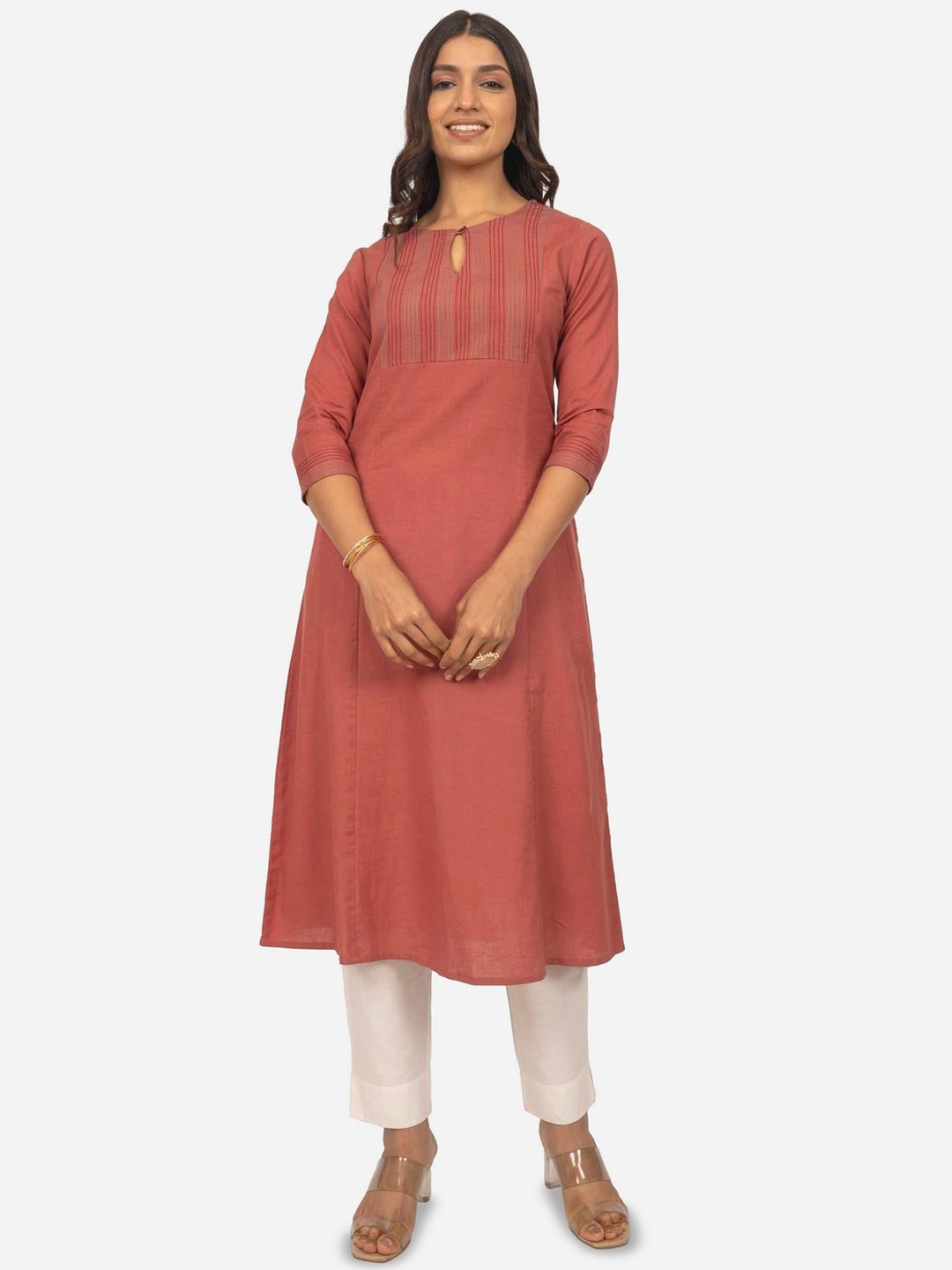 

INDIE JHOLA Keyhole Neck Thread Work Cotton Flax A-Line Kurta, Peach
