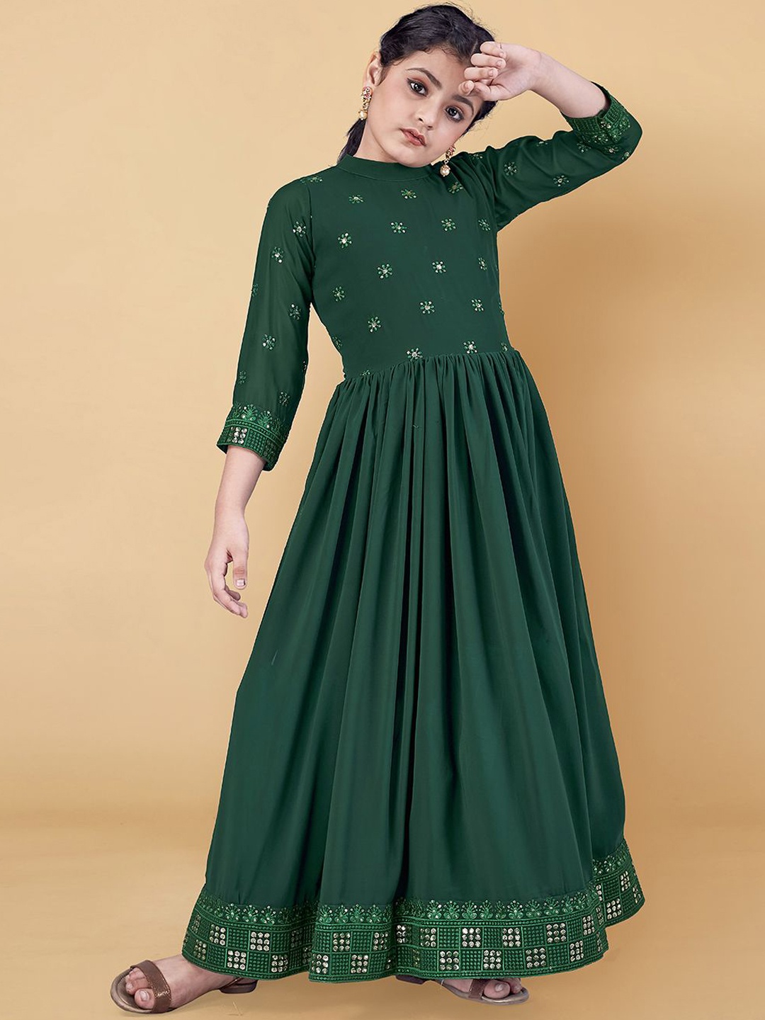 

Sangria Girls Embroidered Georgette Ethnic Dress, Green