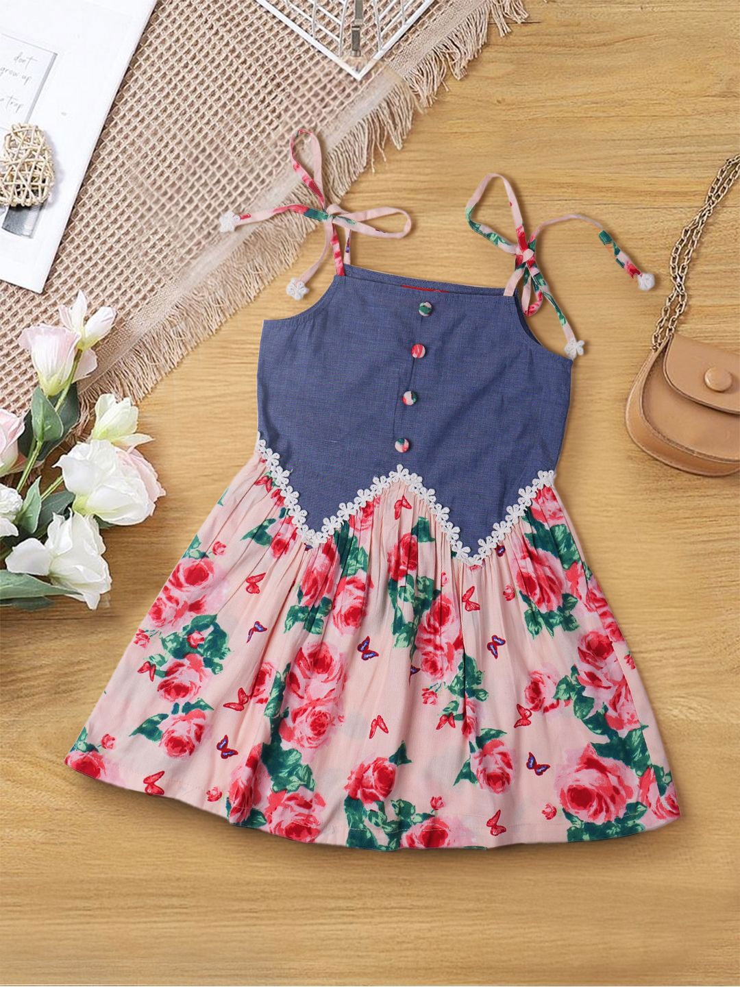 

pspeaches Girls Floral Print Tie-Ups Shoulder Straps Fit & Flare Dress, Blue