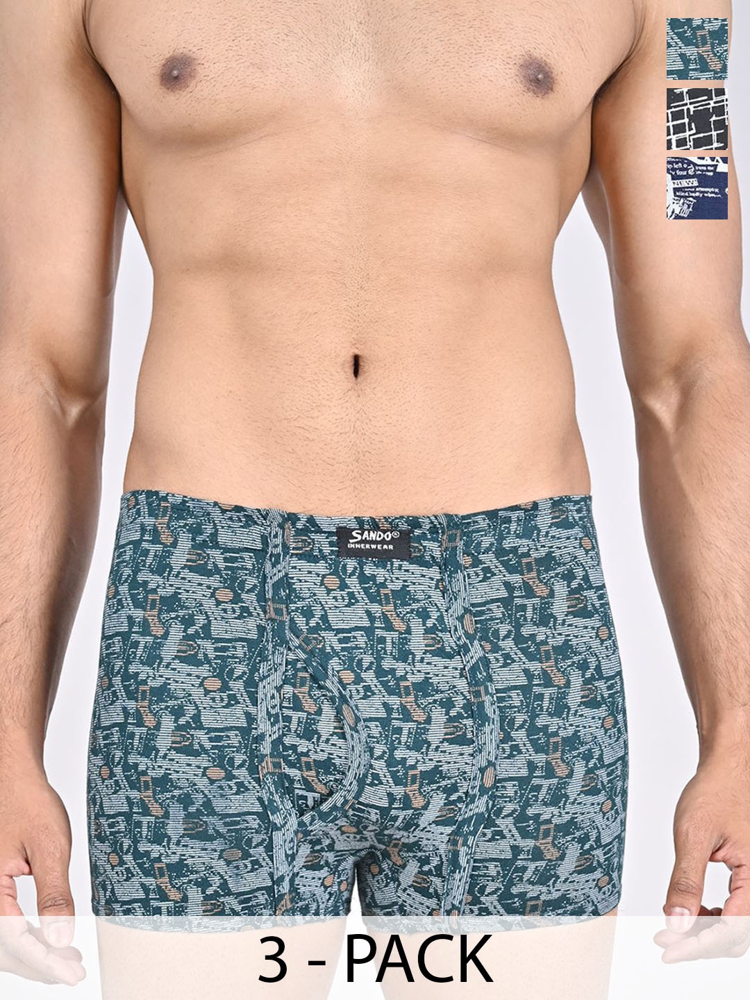 

SANDO Pack Of 3 Printed Pure Cotton Trunks GENIUS-02-05-10, Navy blue