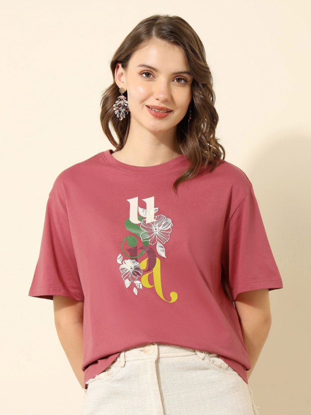 

U.S. Polo Assn. Women Graphic Printed Round Neck Cotton Oversized T-shirt, Pink