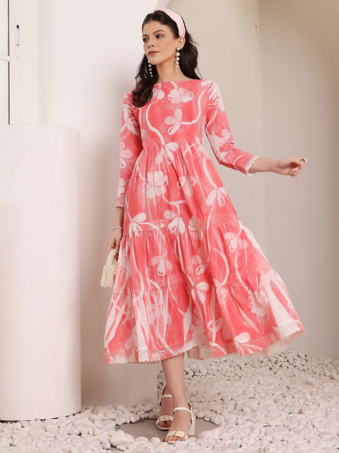 

DressBerry Floral Print Boat Neck Lace Inserts Cotton Tiered Fit & Flare Dress, Pink