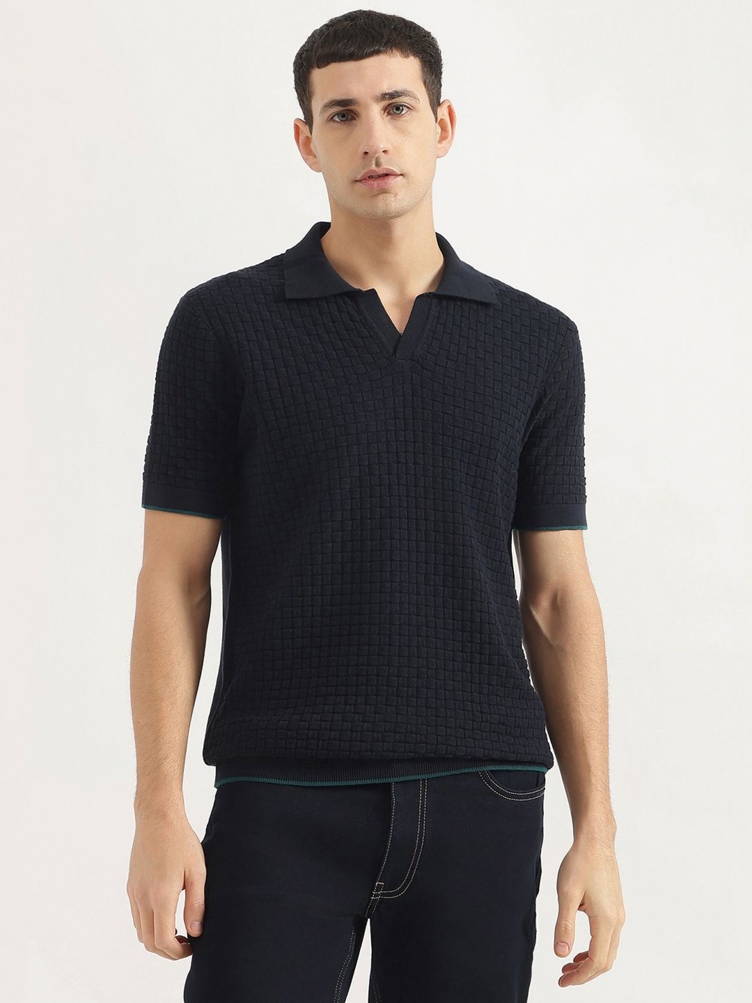 

United Colors of Benetton Men Self Design Polo Collar Cotton T-shirt, Navy blue