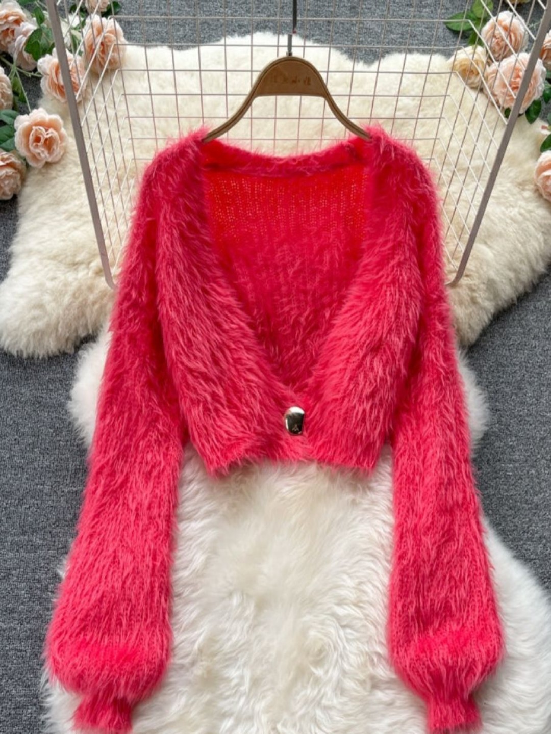 

MADE FOR HER LABEL Women V Neck Fur Full Sleeve Cardigan, Pink