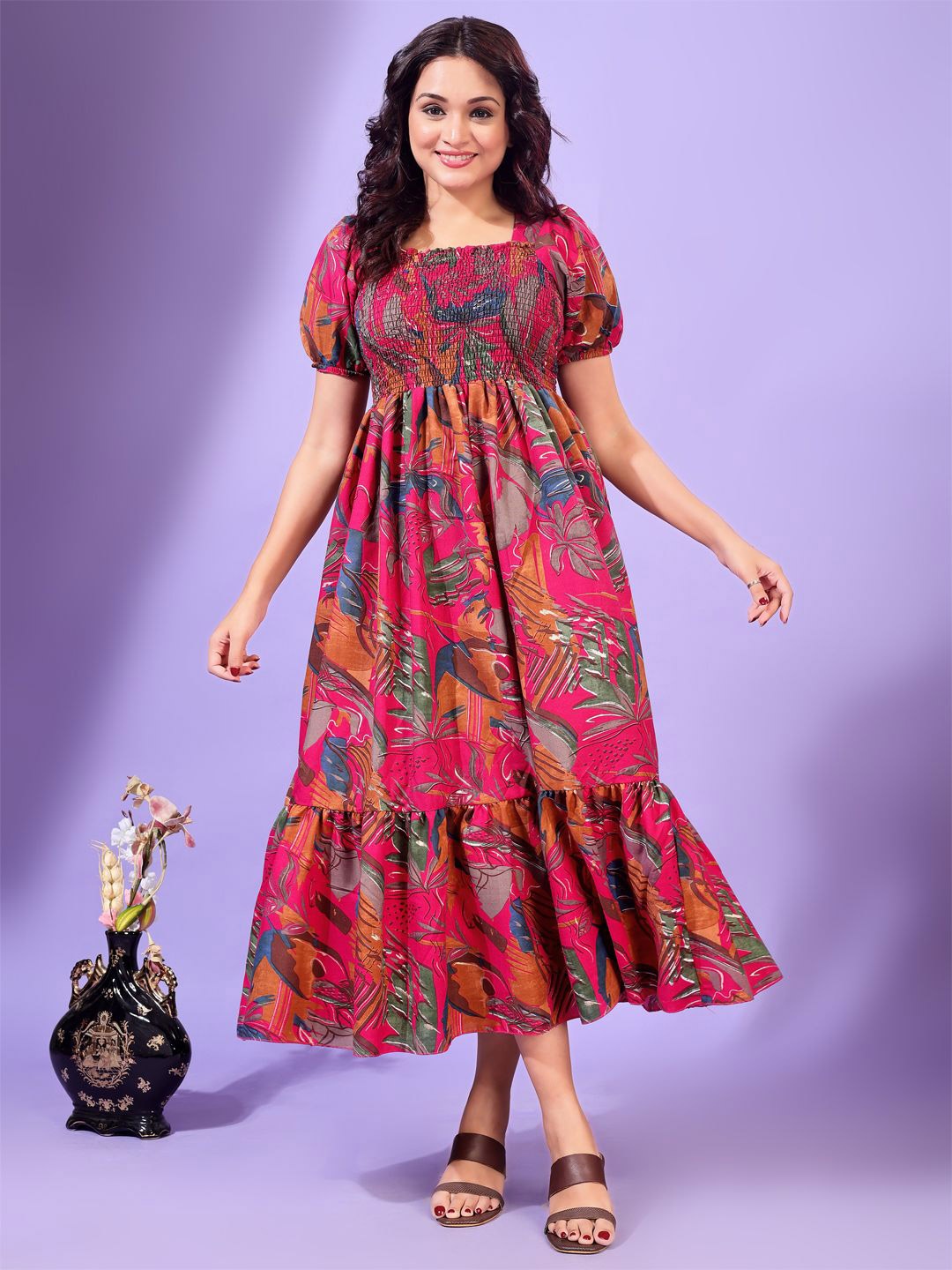 

STARWORD Floral Printed Smocked Detail Cotton Fit & Flare Midi Dress, Pink