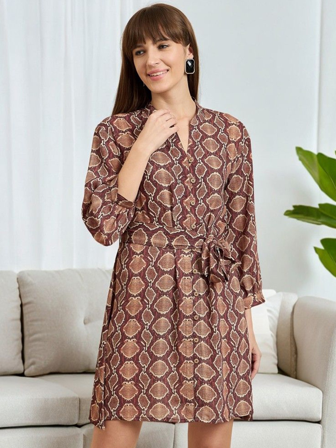 

ANJIR Women Abstract Printed Tie-Waist A-Line Mini Dress, Brown
