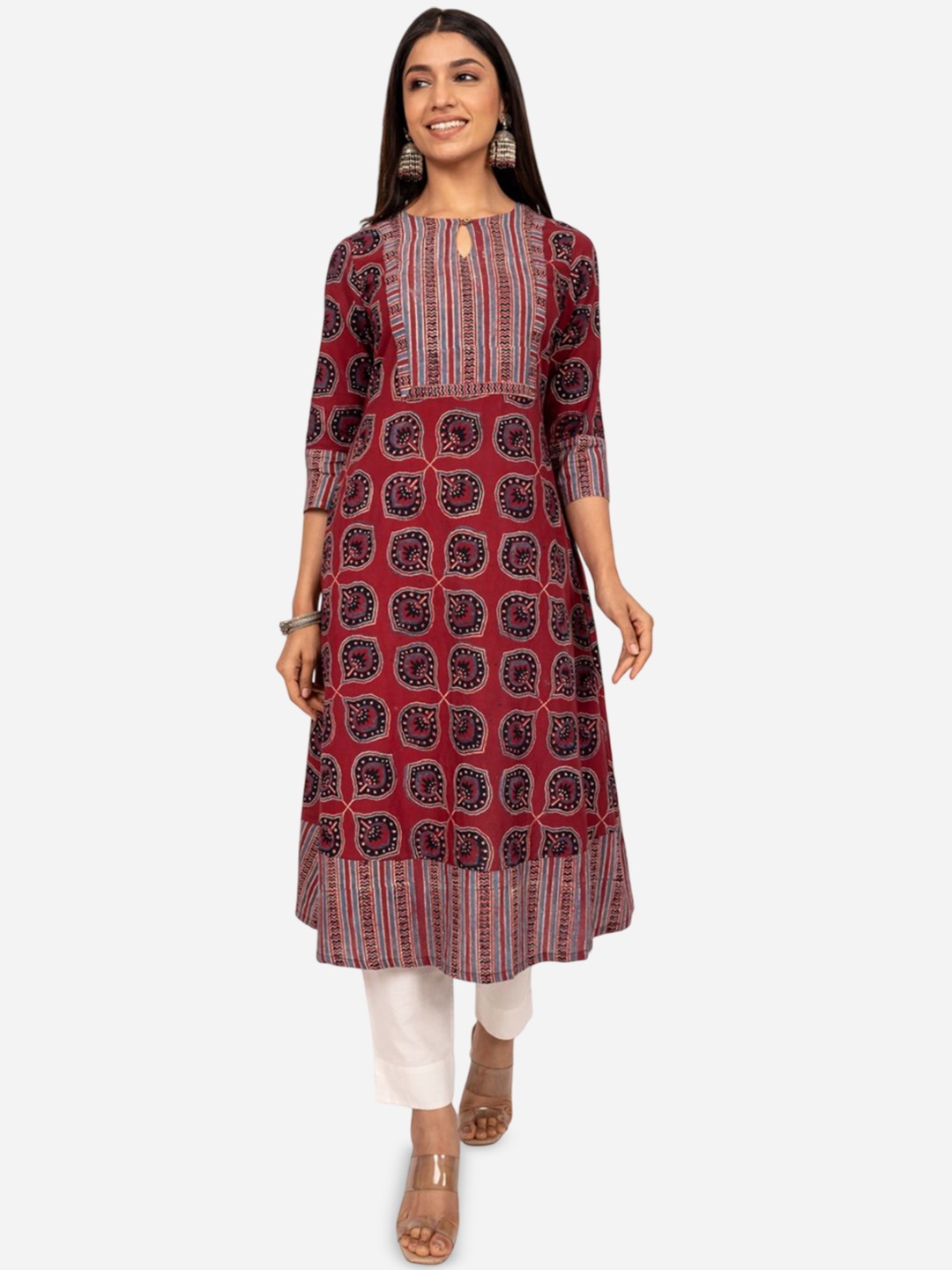 

INDIE JHOLA Ethnic Motifs Printed Keyhole Neck Anarkali Kurta, Maroon