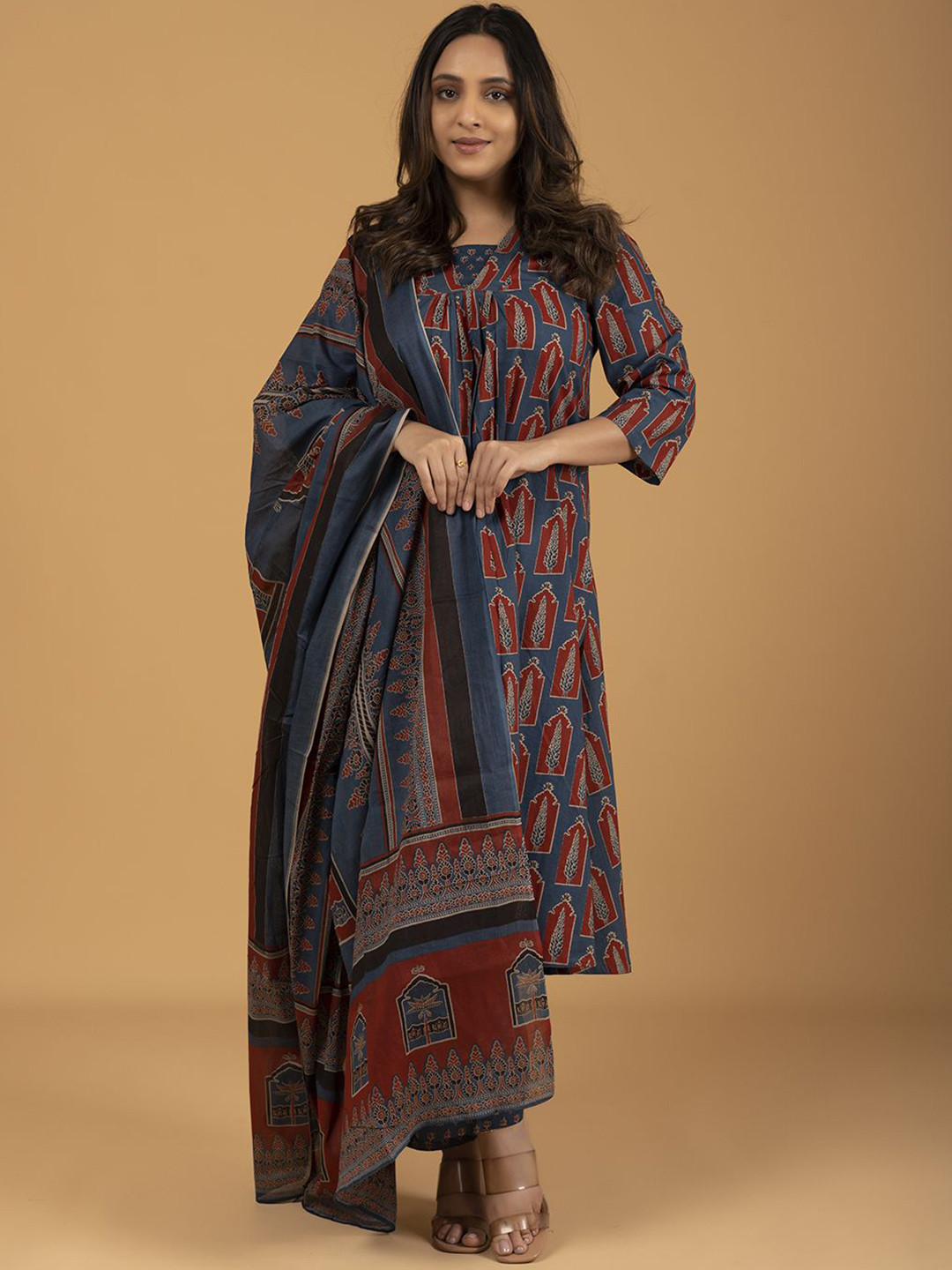 

SPARSA Ethnic Motifs Printed Pleated Pure Cotton A-Line Kurta With Trousers & Dupatta, Blue