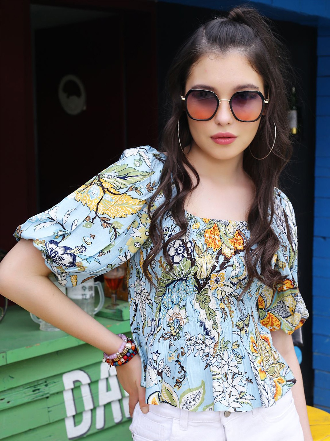 

Sera Floral Print Bohemian Cotton Crop Top, Blue