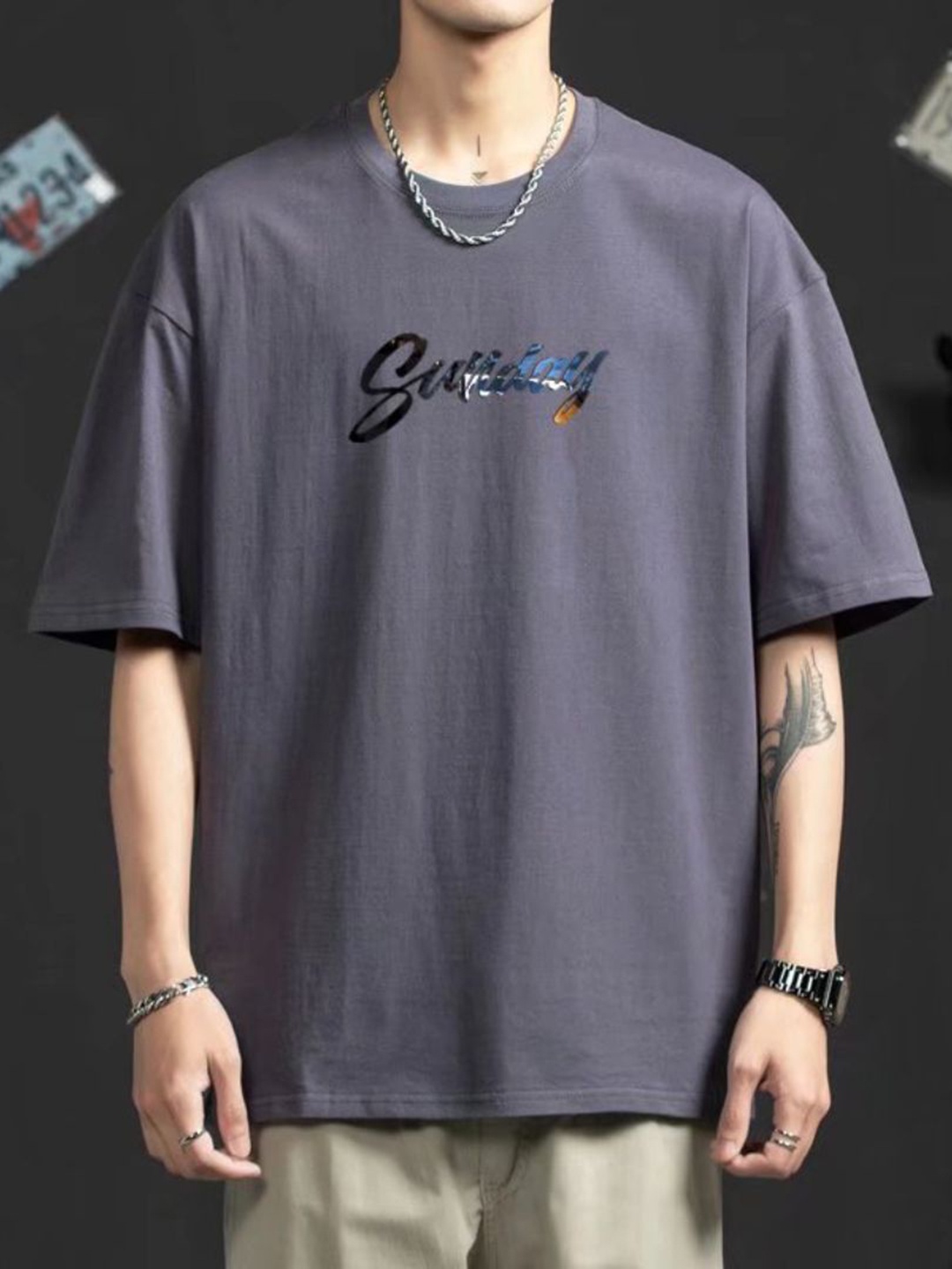 

StyleCast Men Graphic Printed Round Neck Cotton Oversized T-shirt, Grey