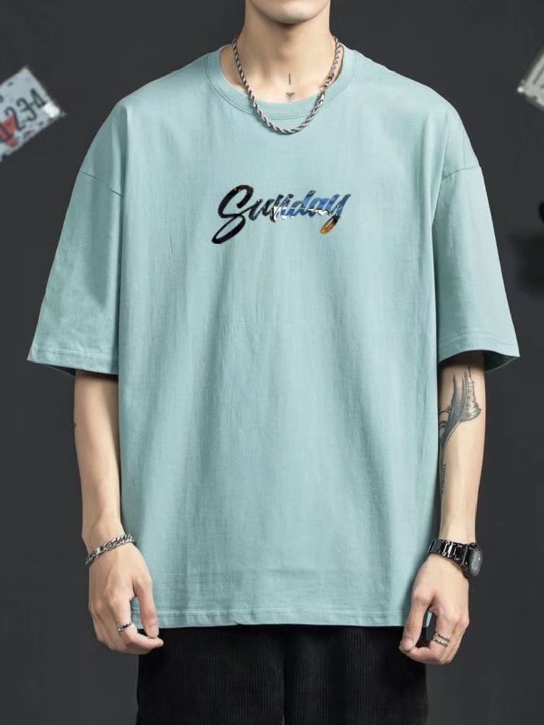 

StyleCast Men Graphic Printed Round Neck Cotton Oversized T-shirt, Sea green