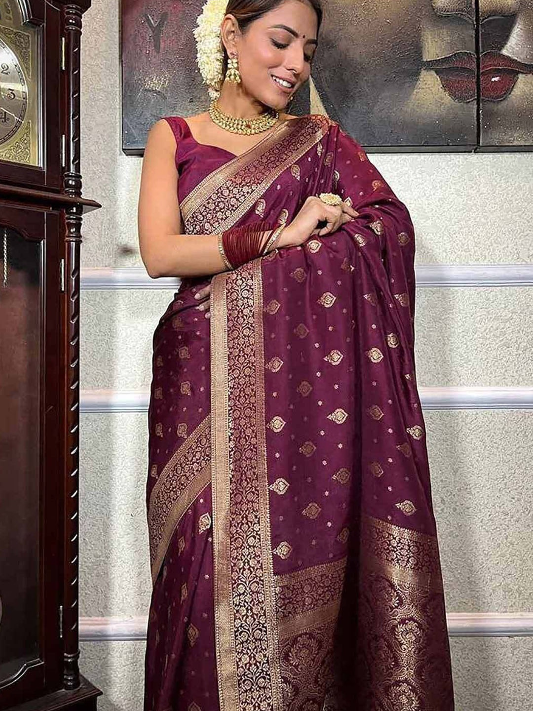 

Aika Woven Design Zari Pure Silk Banarasi Saree, Purple