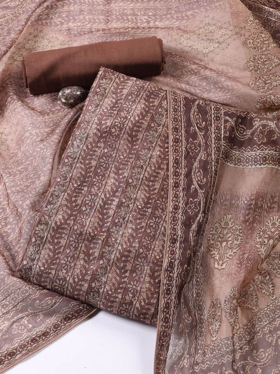 

Meena Bazaar Floral Printed Zari Work Chanderi Unstitched Dress Material, Brown