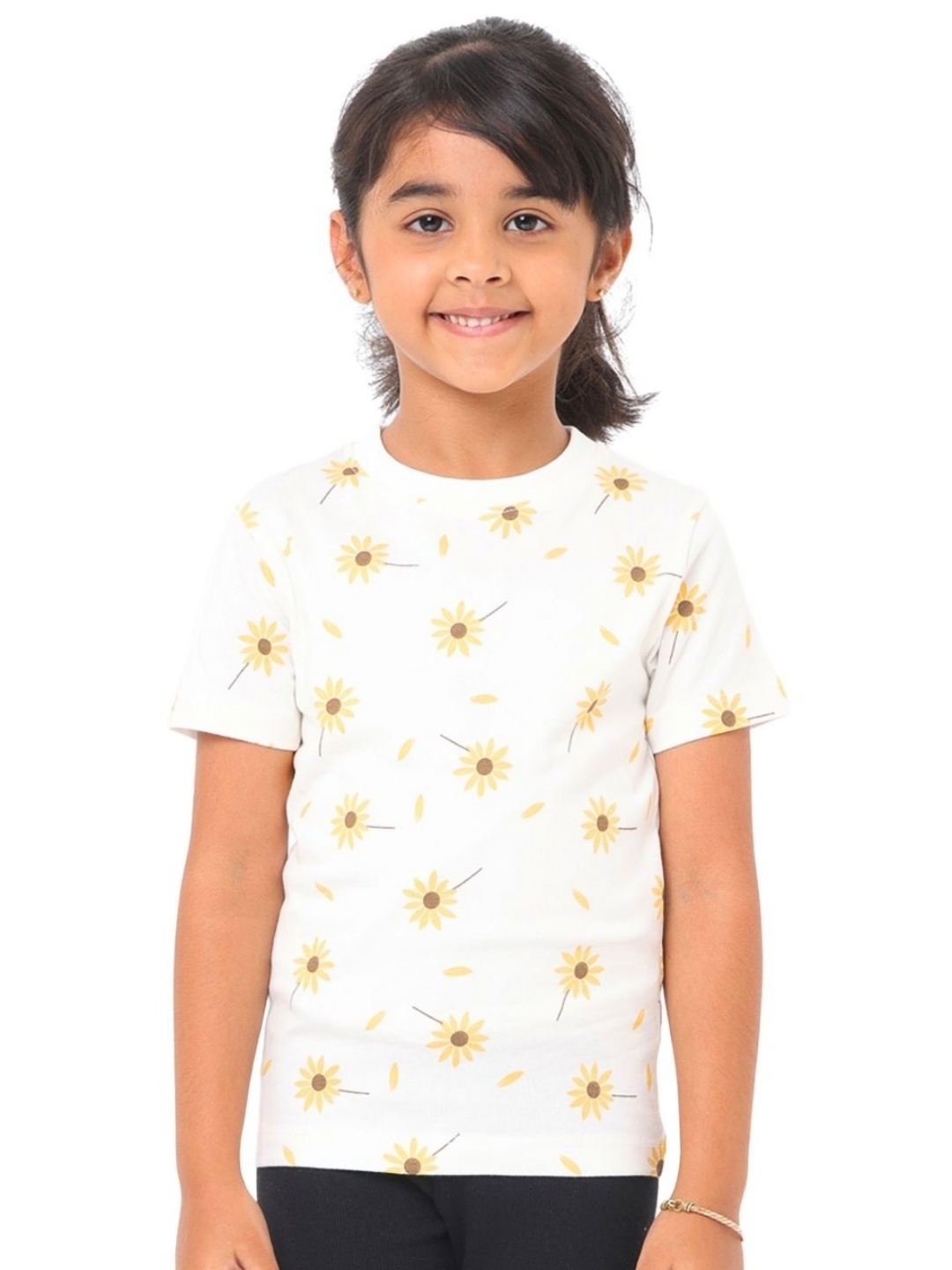

Nuego Kids Girls Floral Printed Bio Finish Round Neck Half Sleeve Cotton T-shirt, White