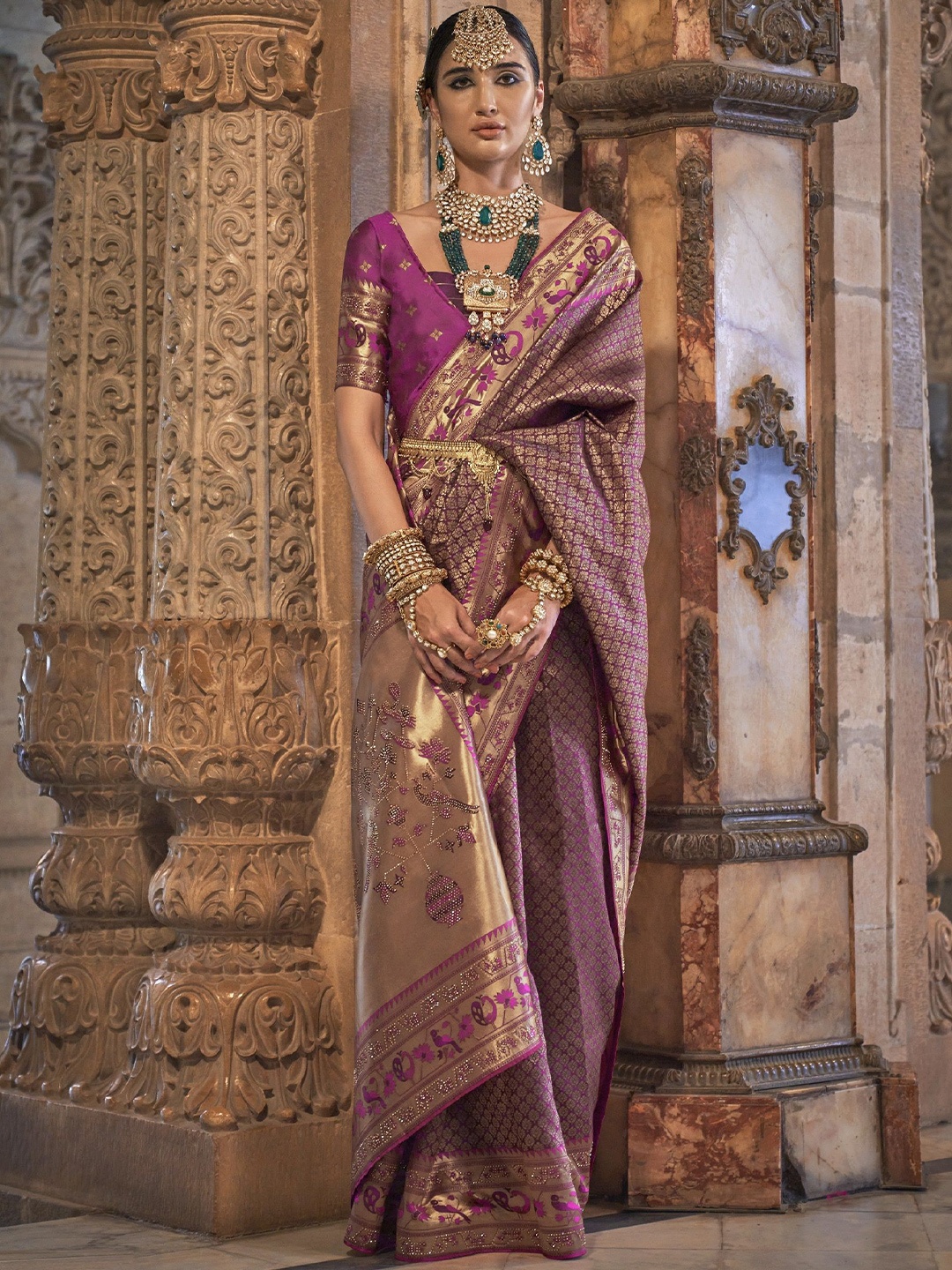 

MAHALASA Woven Design Zari Pure Silk Paithani Saree, Purple
