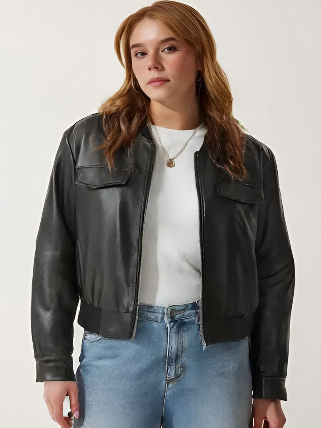 

Shiv traders collection Women Solid Long Sleeves Leather Jacket, Black