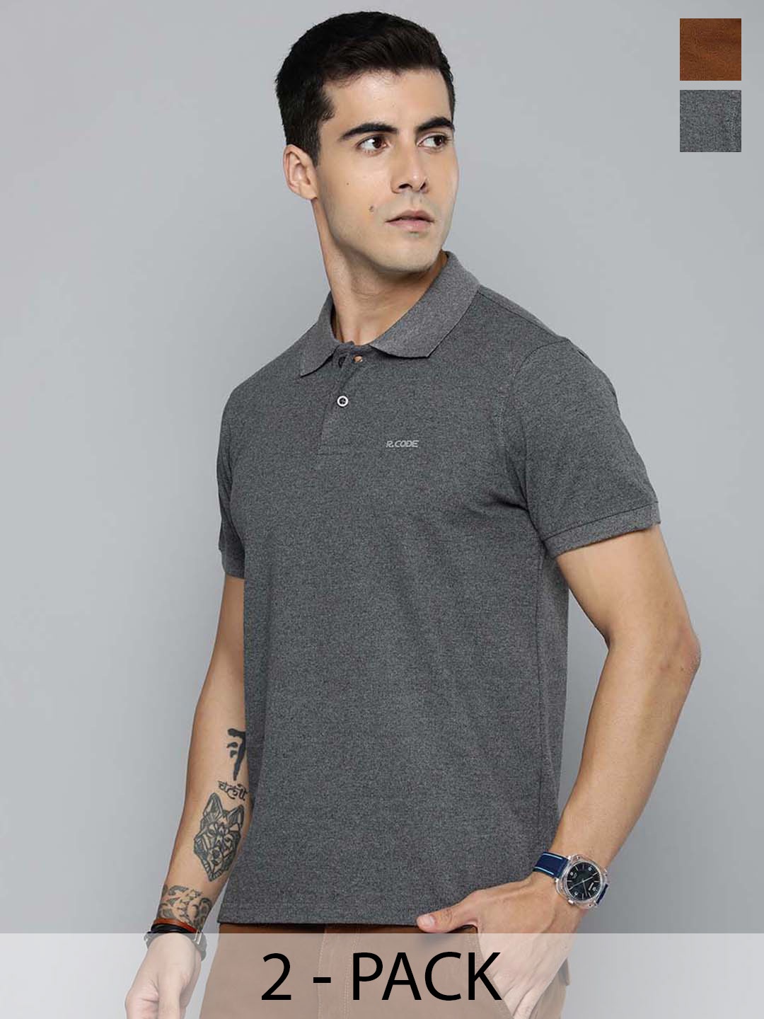 

R.Code by The Roadster Lifestyle Co. Men Regular Fit Pack Of 2 Solid Polo Cotton T-shirts, Grey