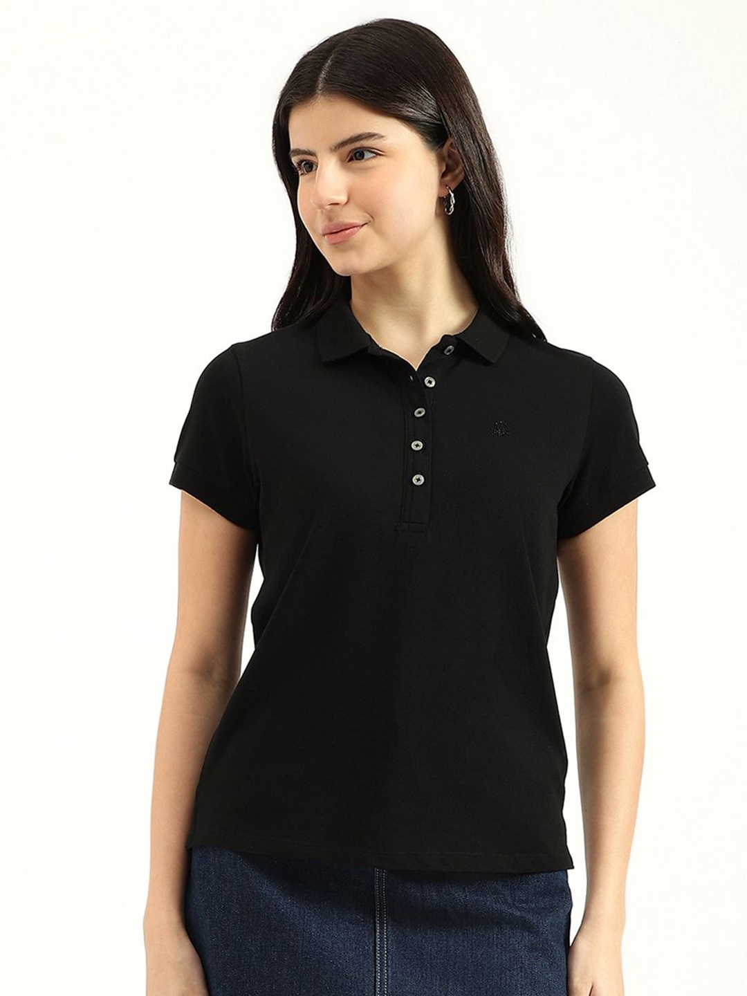

United Colors of Benetton Women Solid Polo Collar Cotton T-shirt, Black